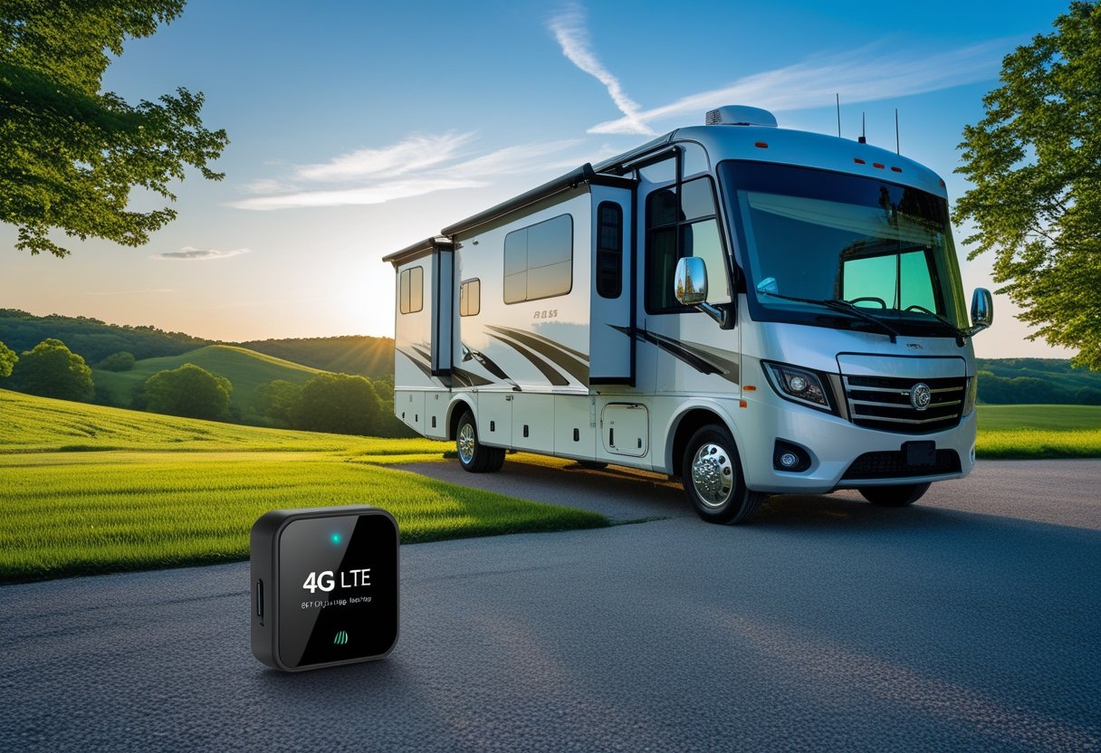 A recreational vehicle parked in a green Ohio landscape with a 4G LTE GPS tracking device visible inside.