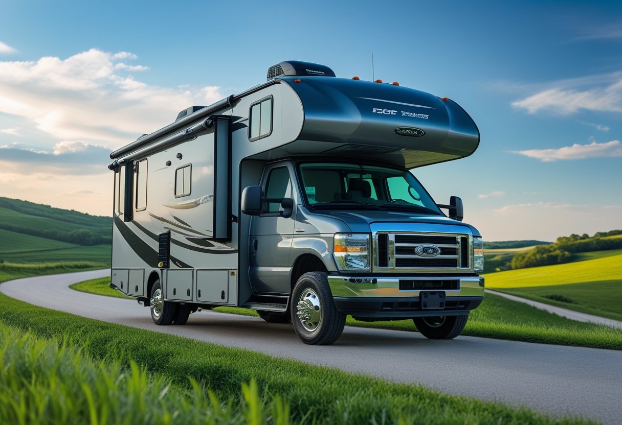 A modern RV parked in a green countryside with a GPS tracking device visible on its exterior under a clear blue sky.