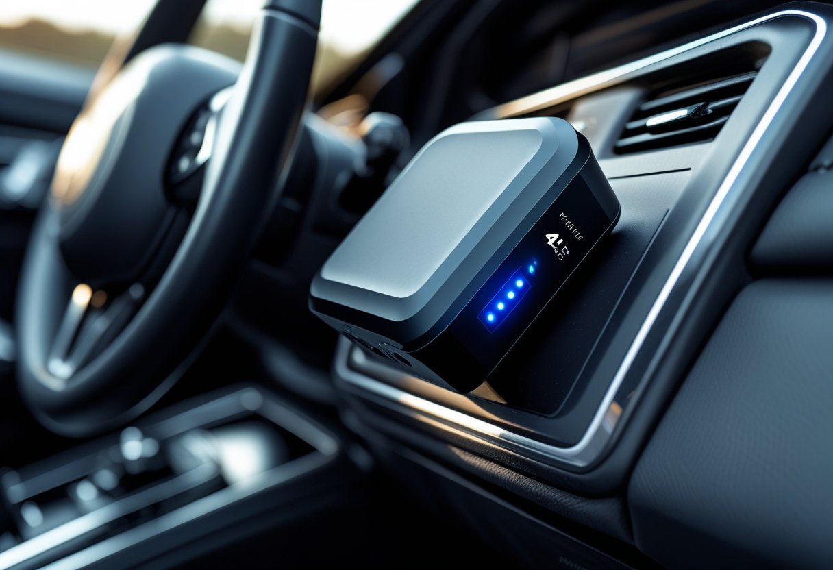 Close-up of a modern car interior showing a small hidden GPS tracker device installed under the dashboard with 4G LTE connectivity indicators glowing softly.