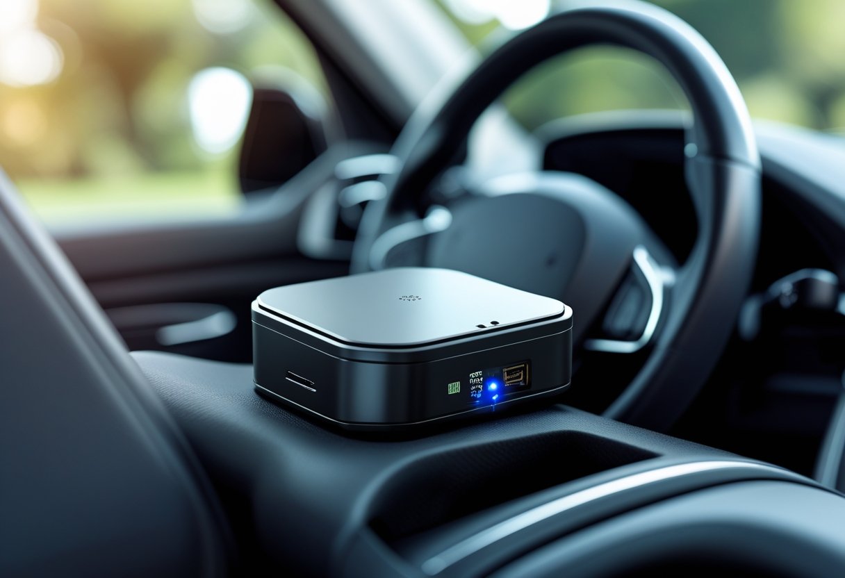 Compact 4G LTE GPS tracker discreetly installed under the dashboard inside a modern car.