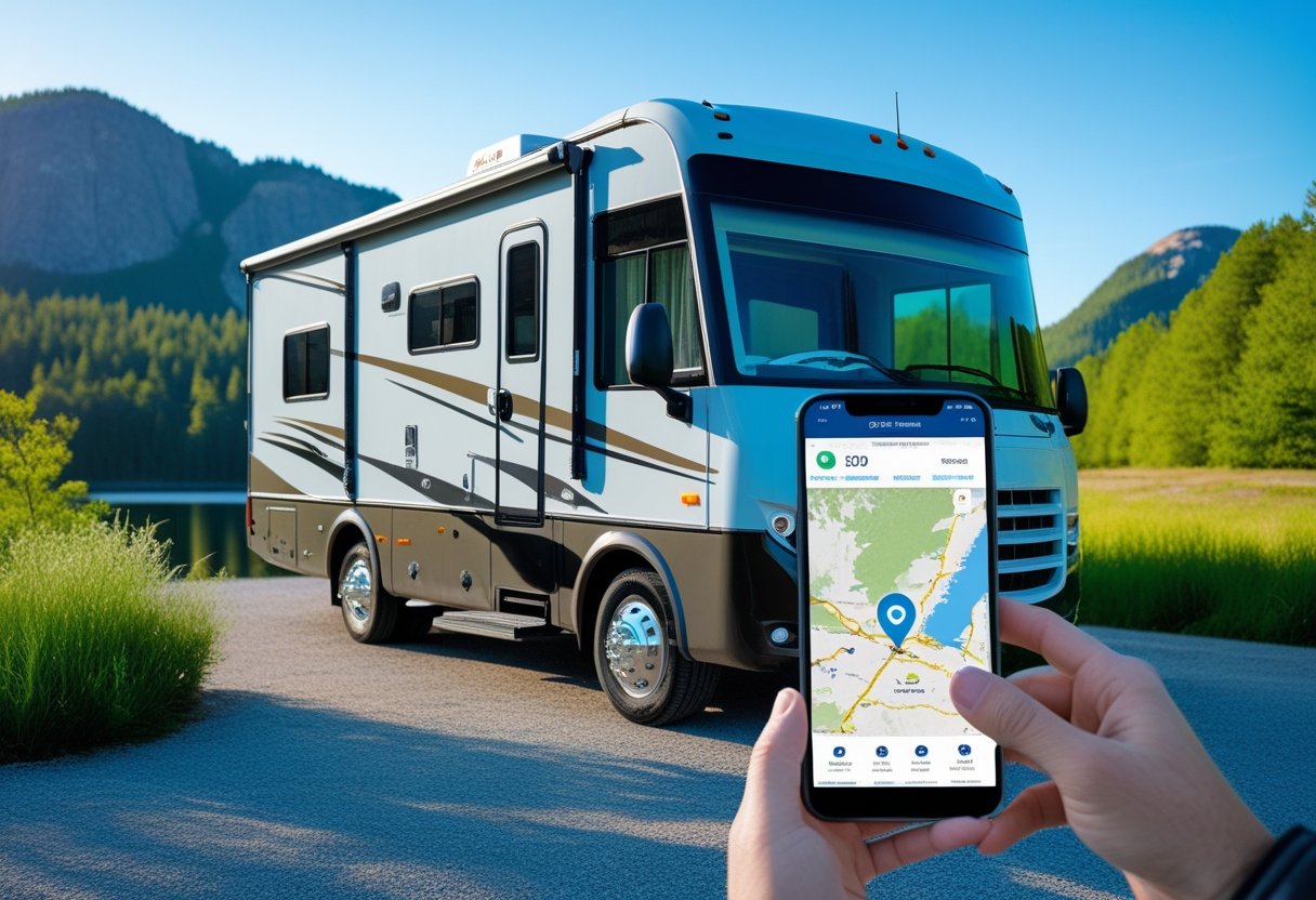 An RV parked in a scenic outdoor location with a person holding a smartphone displaying a GPS tracking app.