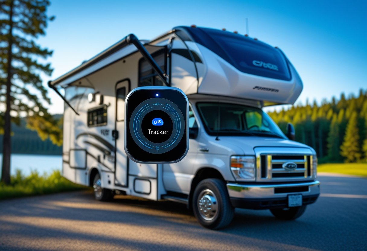 A modern RV parked outdoors with a GPS tracker device mounted on its exterior, surrounded by trees and clear sky.