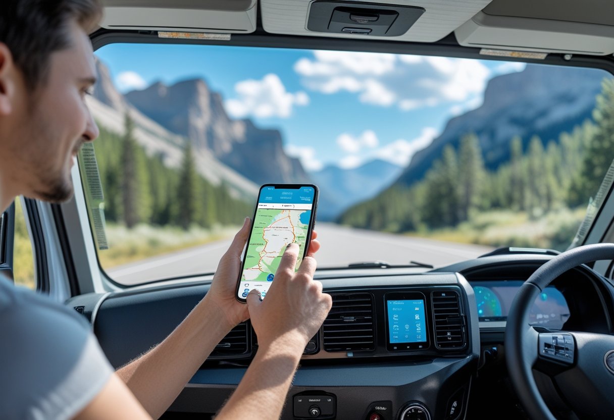 A recreational vehicle parked outdoors with a GPS tracking device on the dashboard and a person using a smartphone showing a map.