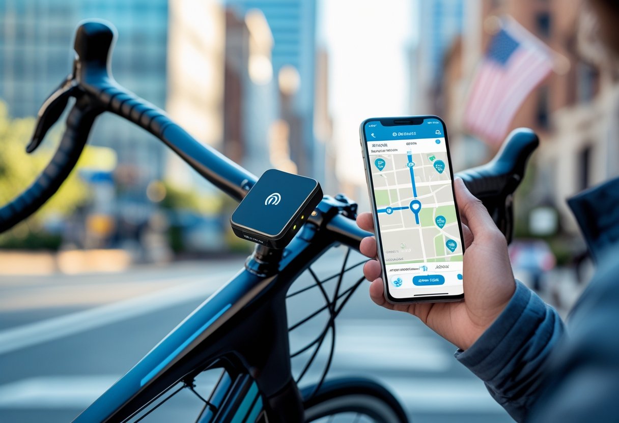 A bicycle with a GPS tracker mounted on its frame, a person holding a smartphone showing a map with a location pin, set against a city background in the USA.