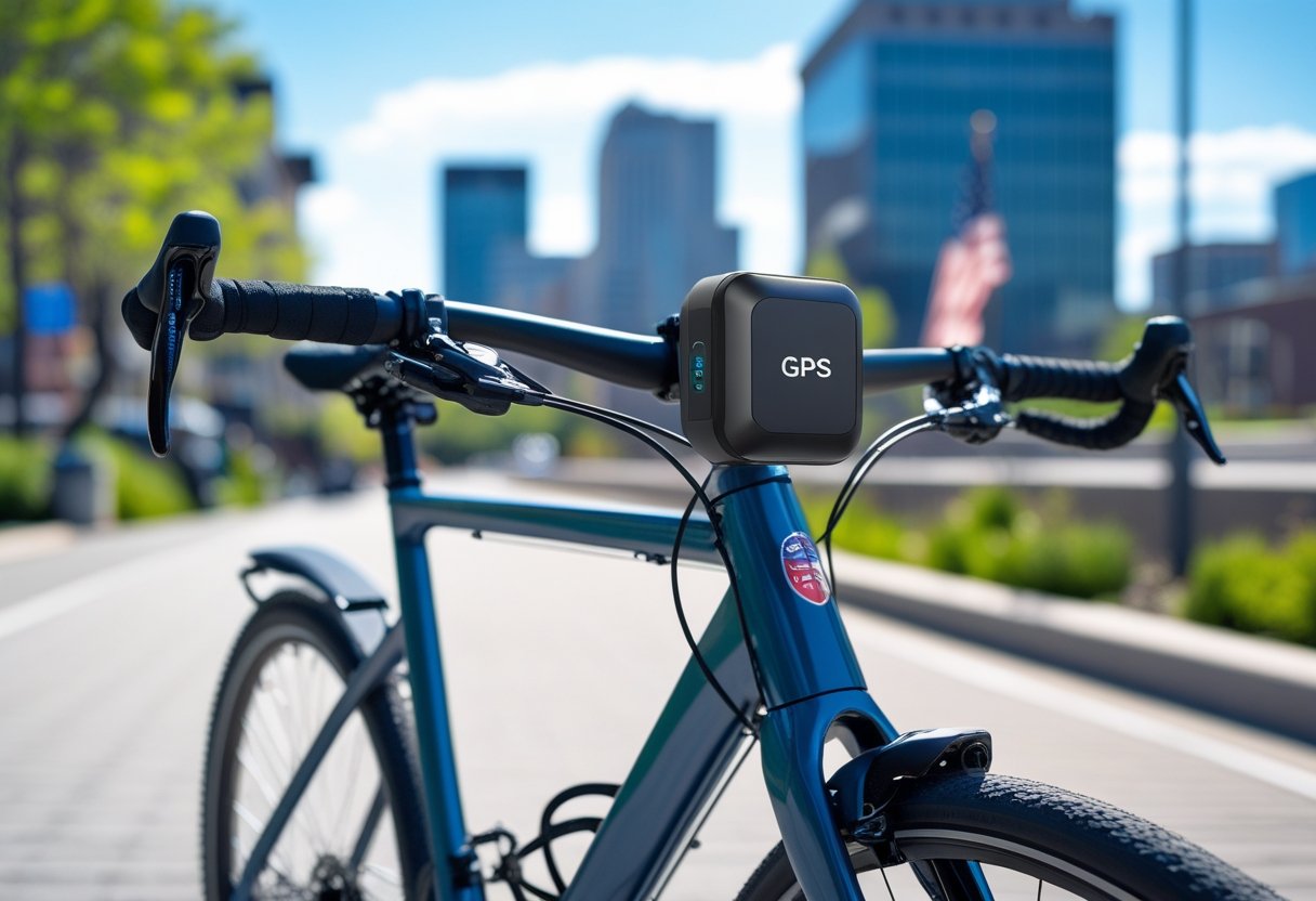A modern bicycle outdoors on a sunny urban bike path in the USA with a small GPS tracker mounted on its frame.