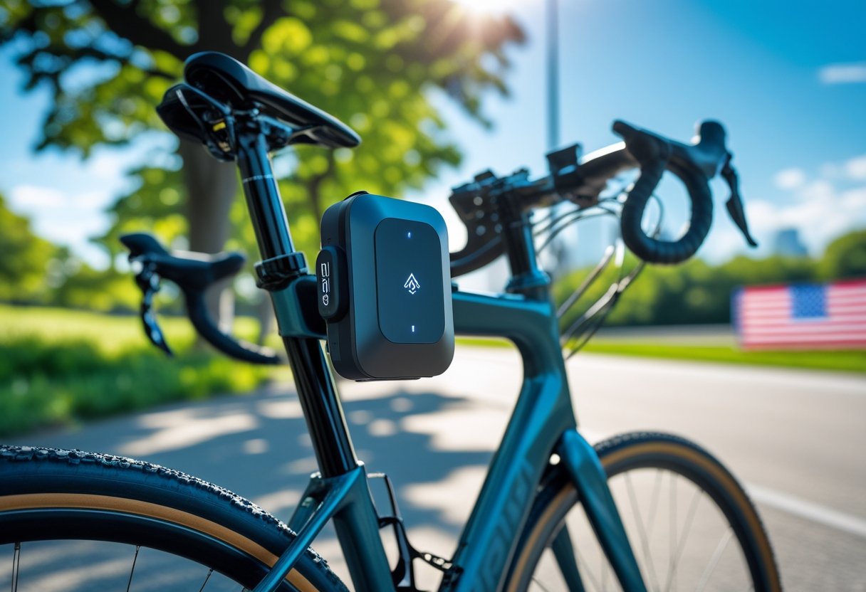 A bicycle outdoors on a sunny day with a GPS tracker mounted on its frame, surrounded by greenery and a bike path.