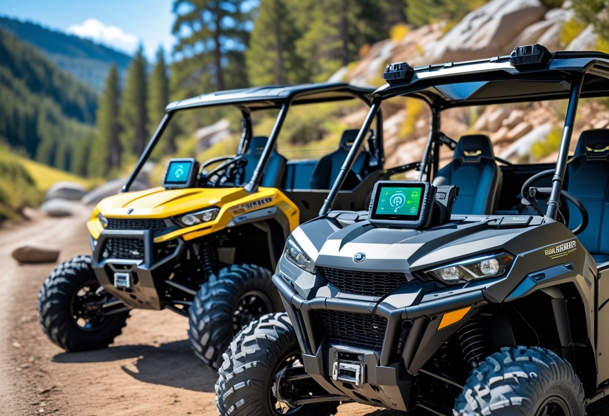 An ATV and a UTV parked outdoors on a dirt trail with GPS tracking devices mounted on them, surrounded by trees and natural terrain.