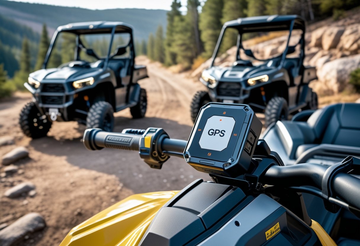 An ATV and a UTV parked outdoors with GPS tracker devices mounted on their dashboards, set against a natural rugged landscape.