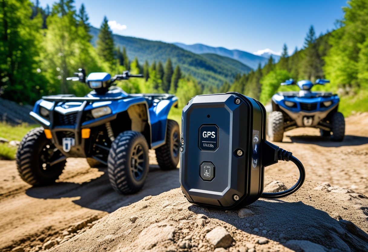 An ATV and UTV parked on a dirt trail in a forest with a GPS tracker attached to the ATV.