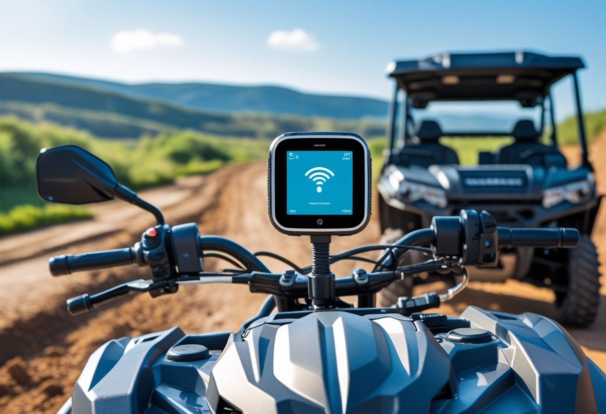 An ATV and a UTV parked outdoors on a dirt trail with a GPS tracker attached to the ATV's handlebar in a natural, rugged environment.