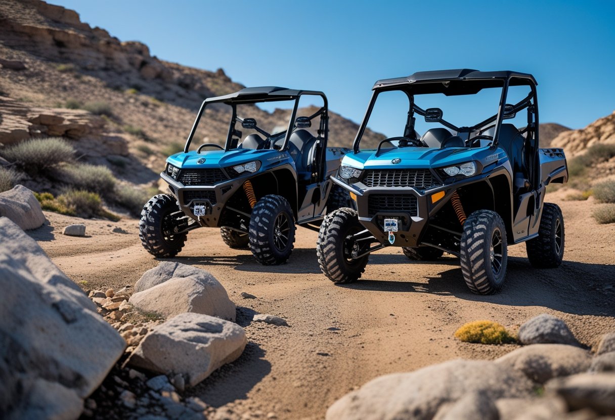 An ATV and a UTV parked outdoors on a dirt trail with GPS tracking devices mounted on them.