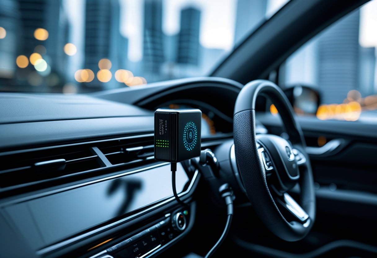 Close-up of a car dashboard showing a 5G-ready OBD2 GPS tracker connected under the steering wheel with a city visible through the windshield.
