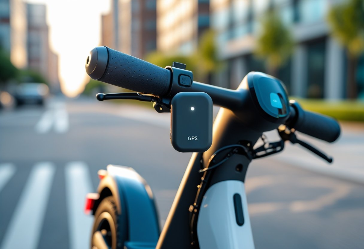 An electric scooter parked outdoors in a city with a GPS tracker attached to its handlebar.