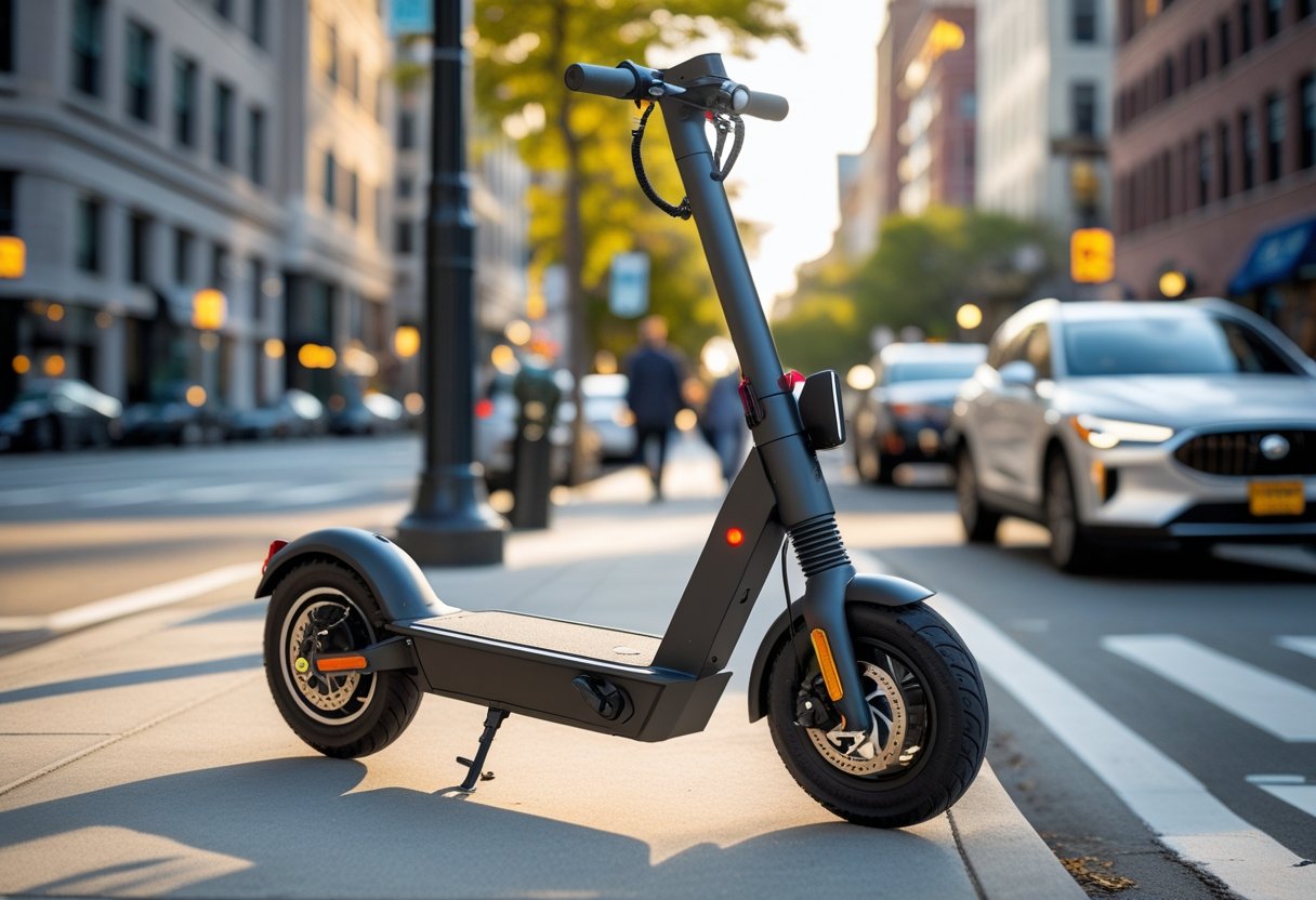 An electric scooter parked on a city sidewalk with a GPS tracking device attached, surrounded by urban street and buildings.