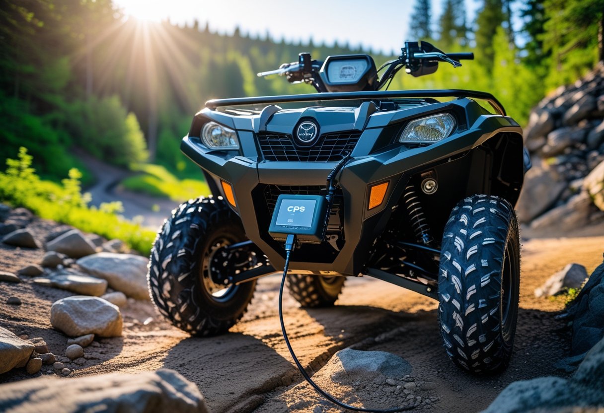 An ATV or UTV on a forest trail with a GPS tracker connected to the OBD2 port, showing the vehicle and outdoor environment.