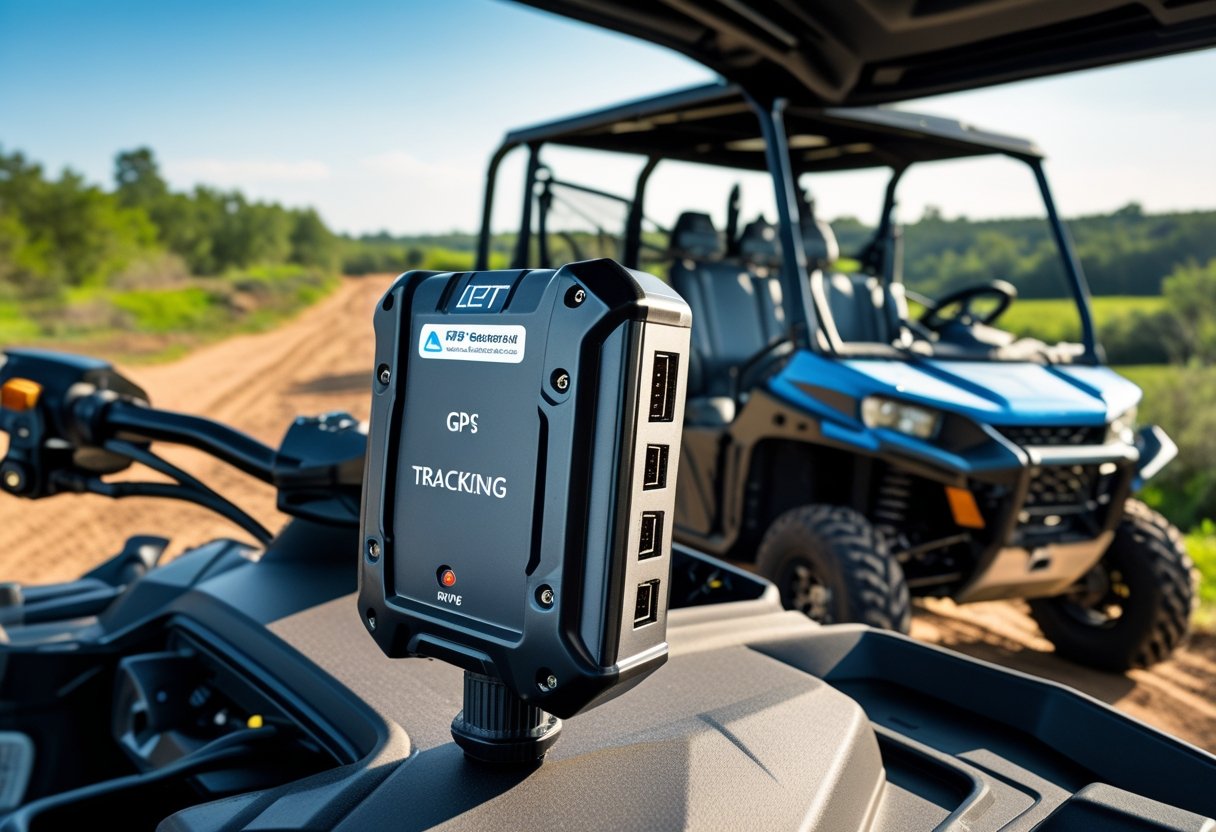 An ATV and a UTV parked outdoors with a GPS tracking device mounted on the ATV near OBD2 ports, surrounded by trees and dirt trails.