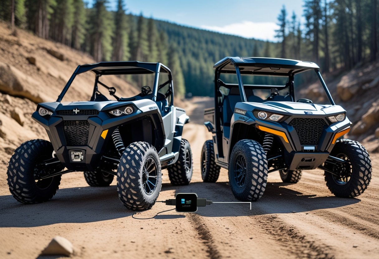 An ATV and a UTV parked outdoors on a dirt trail with GPS tracker devices connected near their dashboards.