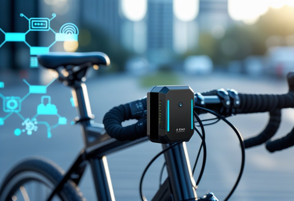 A modern bicycle outdoors with a small GPS tracker mounted on the frame near the handlebars, set against a blurred urban background.