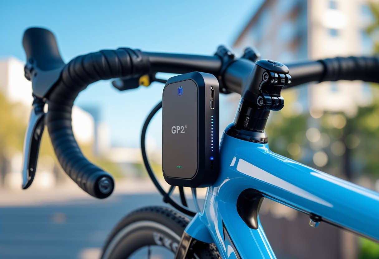 A modern bicycle outdoors with a small GPS tracker mounted on the frame near the handlebars.