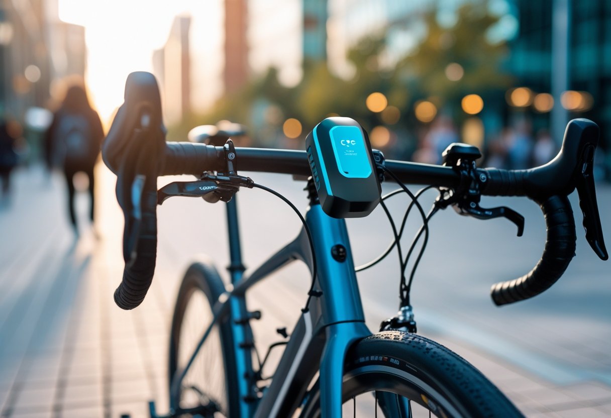 A bicycle parked outdoors in a city with a small GPS tracker attached to its frame.