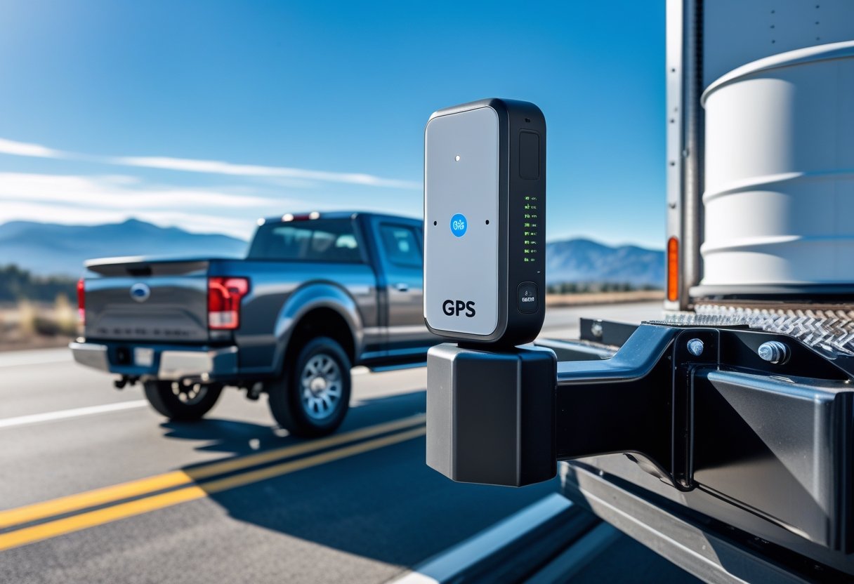 A GPS tracking device mounted on a trailer hitch attached to a pickup truck on a highway with mountains in the background.