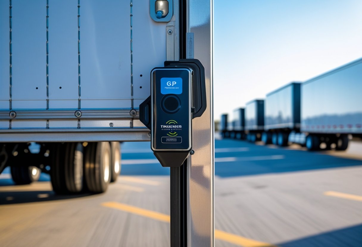 A GPS tracking device attached to a cargo trailer in a busy industrial lot with trucks and trailers in the background.