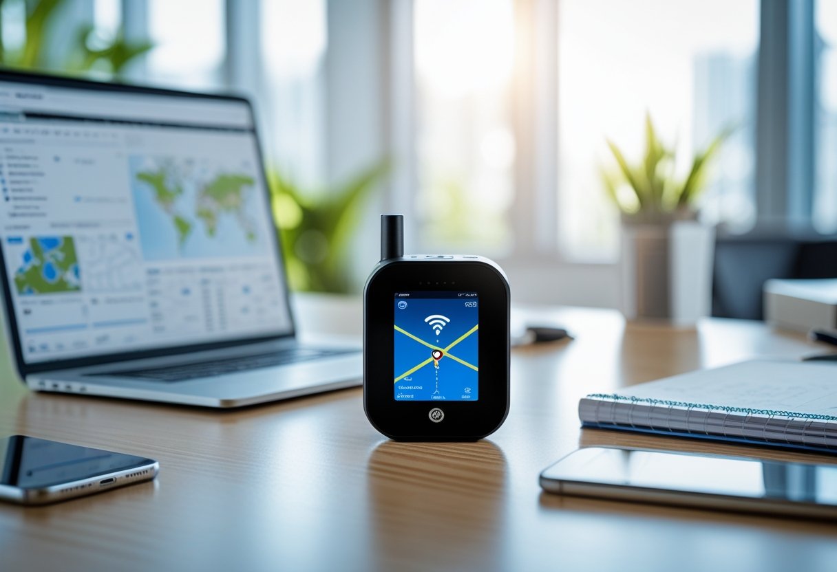 A GPS asset tracking device on a desk with a laptop, smartphone, and notebook in an office setting.