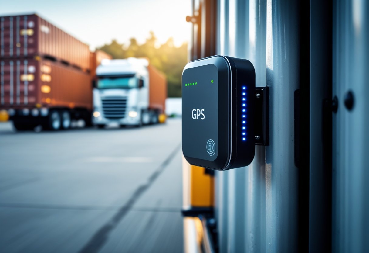Close-up of a GPS asset tracking device attached to a shipping container with a logistics warehouse and trucks in the background.