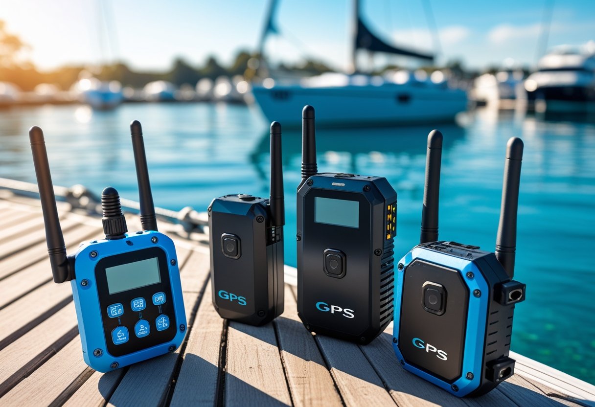 Several small GPS tracking devices displayed on a wooden dock near a sailboat at a marina with calm water and boats in the background.