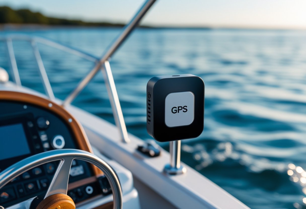 A small boat on calm water with a compact GPS tracker mounted on its dashboard under a clear sky.
