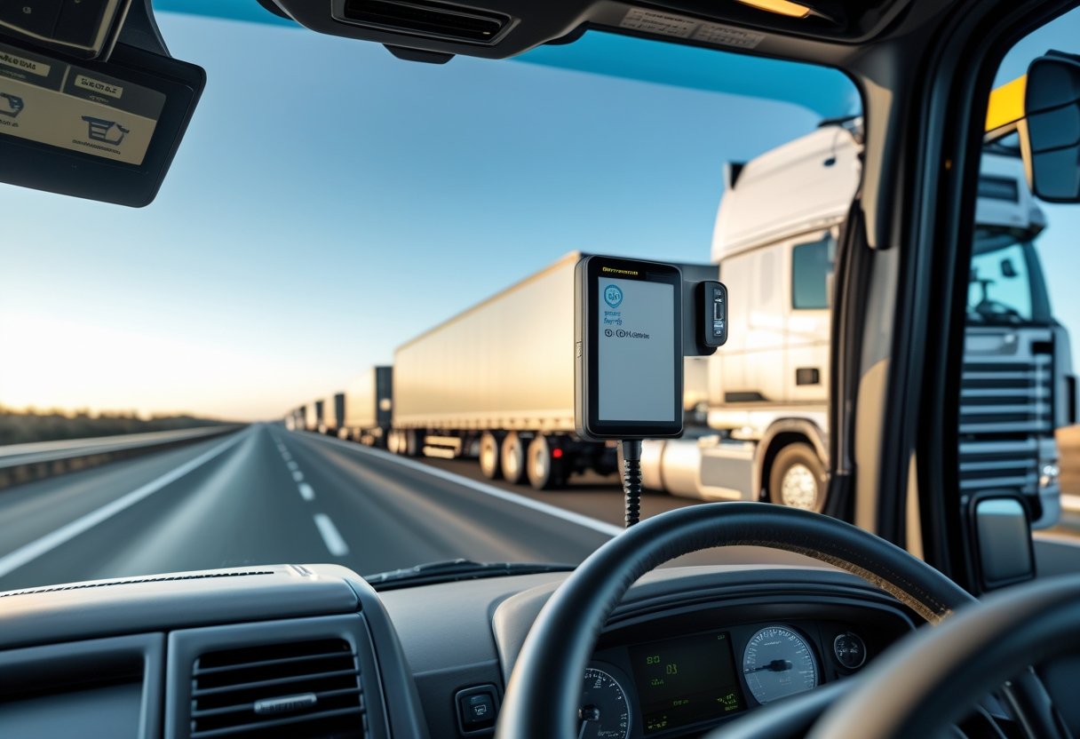 A semi-truck driving on a highway with a GPS tracking device visible inside the cab.