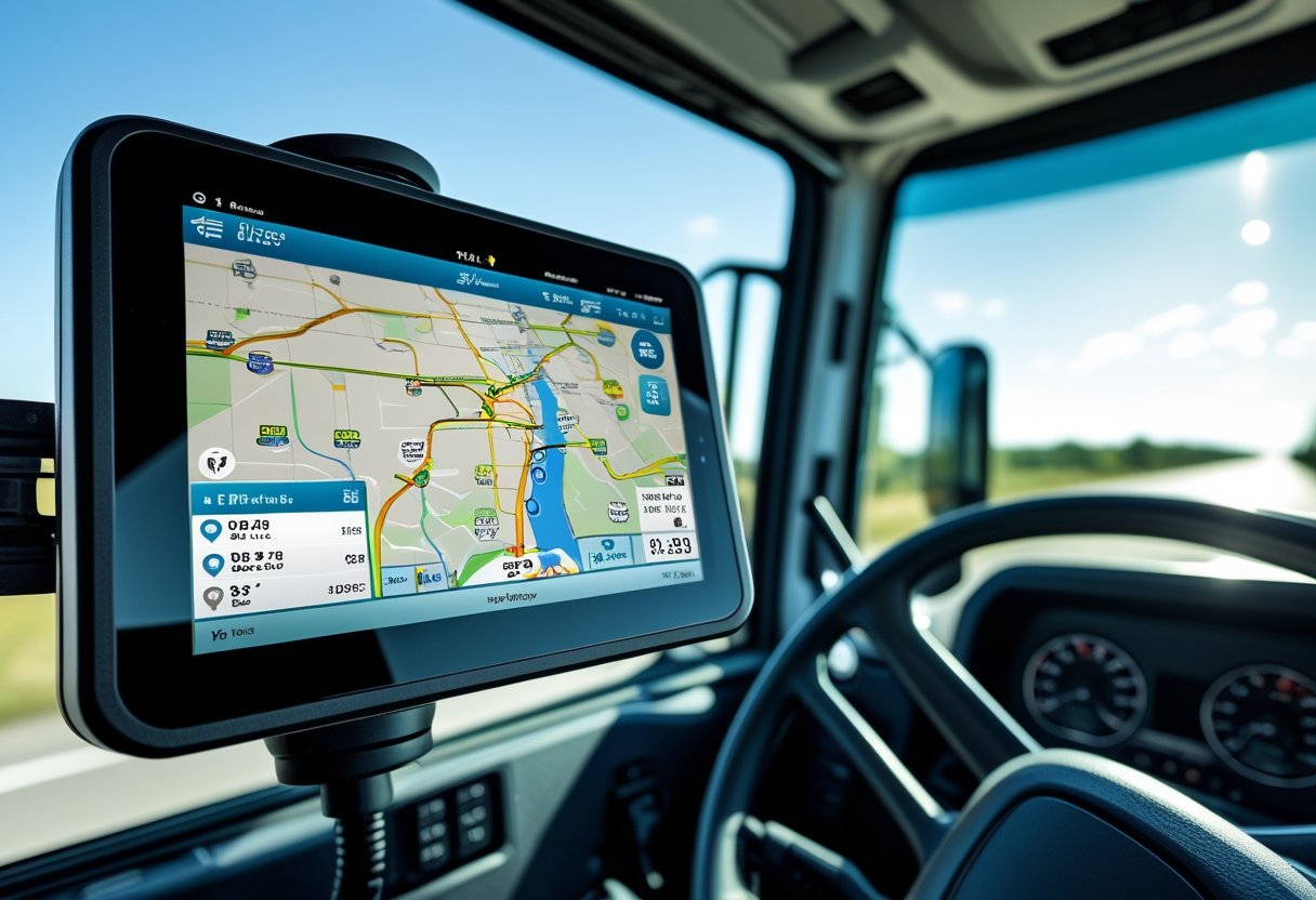 Close-up of a GPS tracking device mounted inside a truck cabin showing a map, with the truck dashboard and an open road visible through the windshield.
