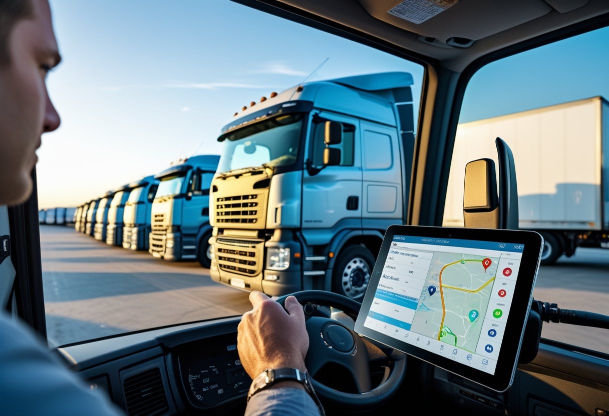 A semi-truck at a logistics hub with a GPS device on the dashboard and a driver using a tablet showing a map.