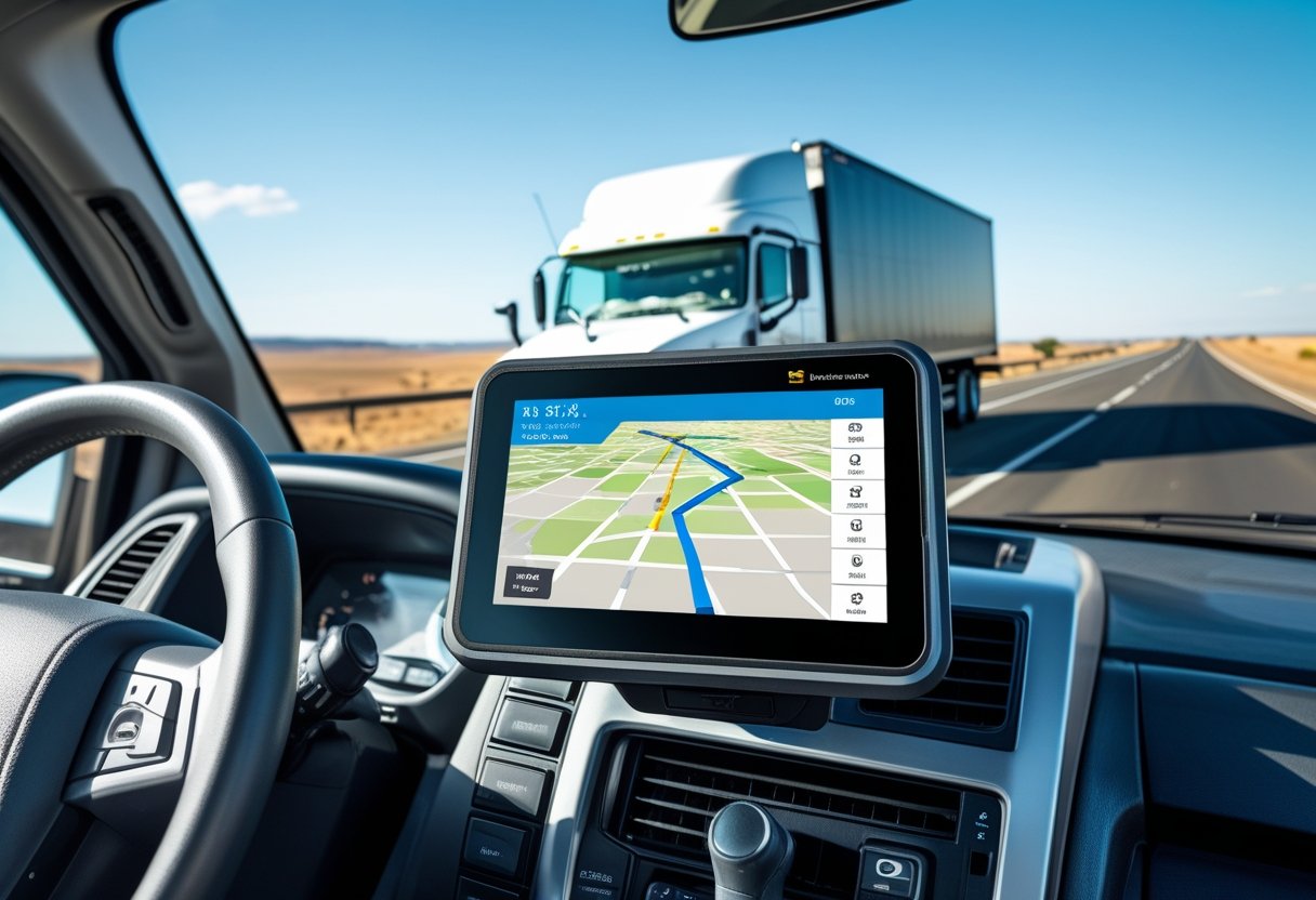 View of a truck dashboard showing a GPS tracking device with a map, with a commercial truck driving on a highway in the background.