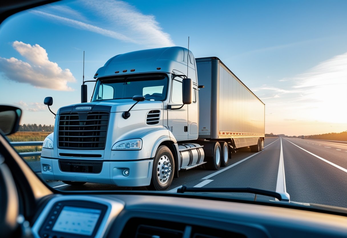 A semi-truck parked at a highway rest area with a GPS tracking device visible on the dashboard.