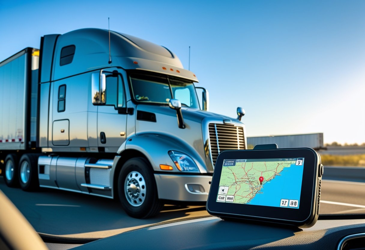 A semi-truck parked with a GPS tracking device visible on the dashboard showing a map.