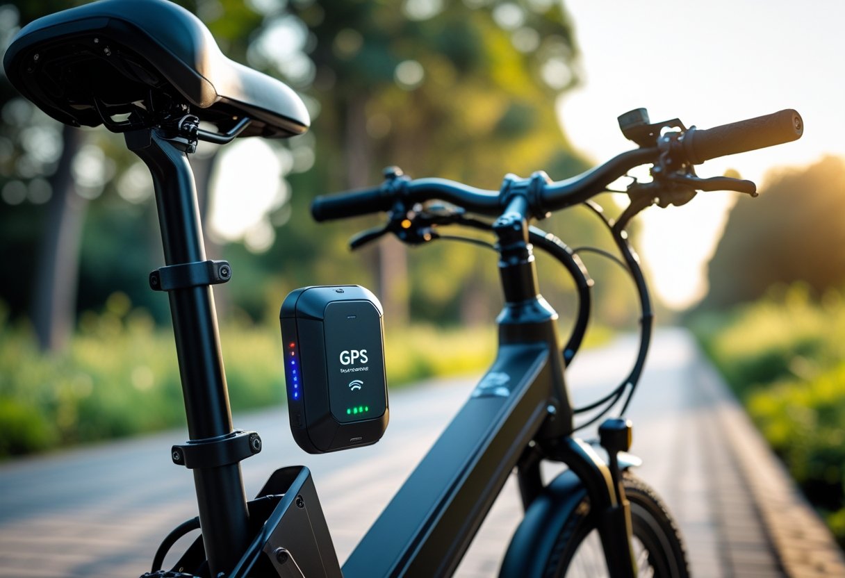 An electric bicycle outdoors with a small GPS tracker attached to its frame.