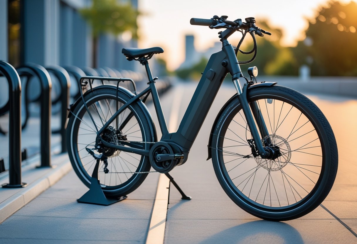 An electric bike parked outdoors with a small GPS tracker attached to its frame near the handlebars.