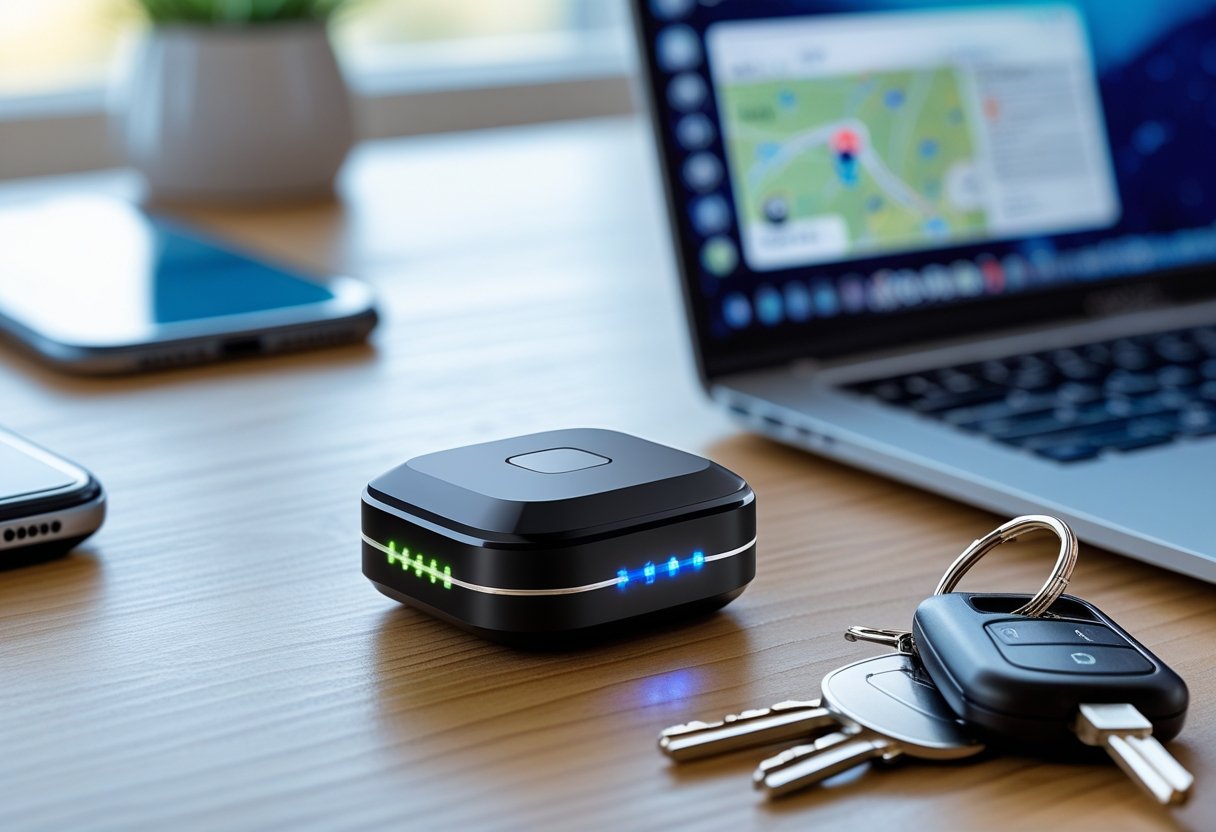 A compact magnetic mini GPS tracker on a desk next to a smartphone, laptop, and car keys in a bright workspace.