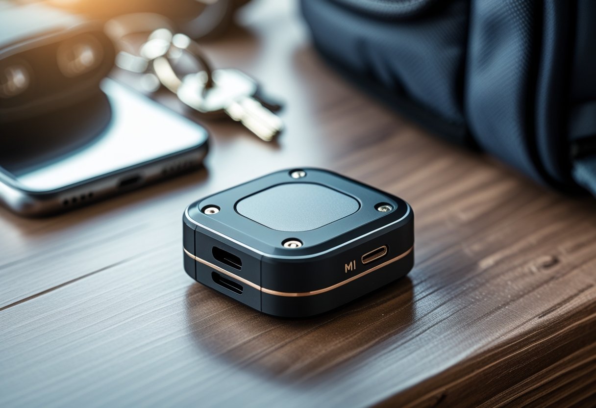 Close-up of a small magnetic mini GPS tracker on a wooden surface next to car keys and a smartphone.