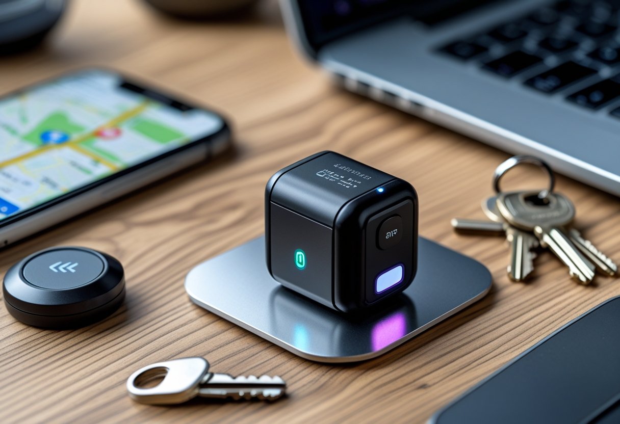 A small magnetic mini GPS tracker attached to a metal surface on a wooden desk with a smartphone showing a map nearby.