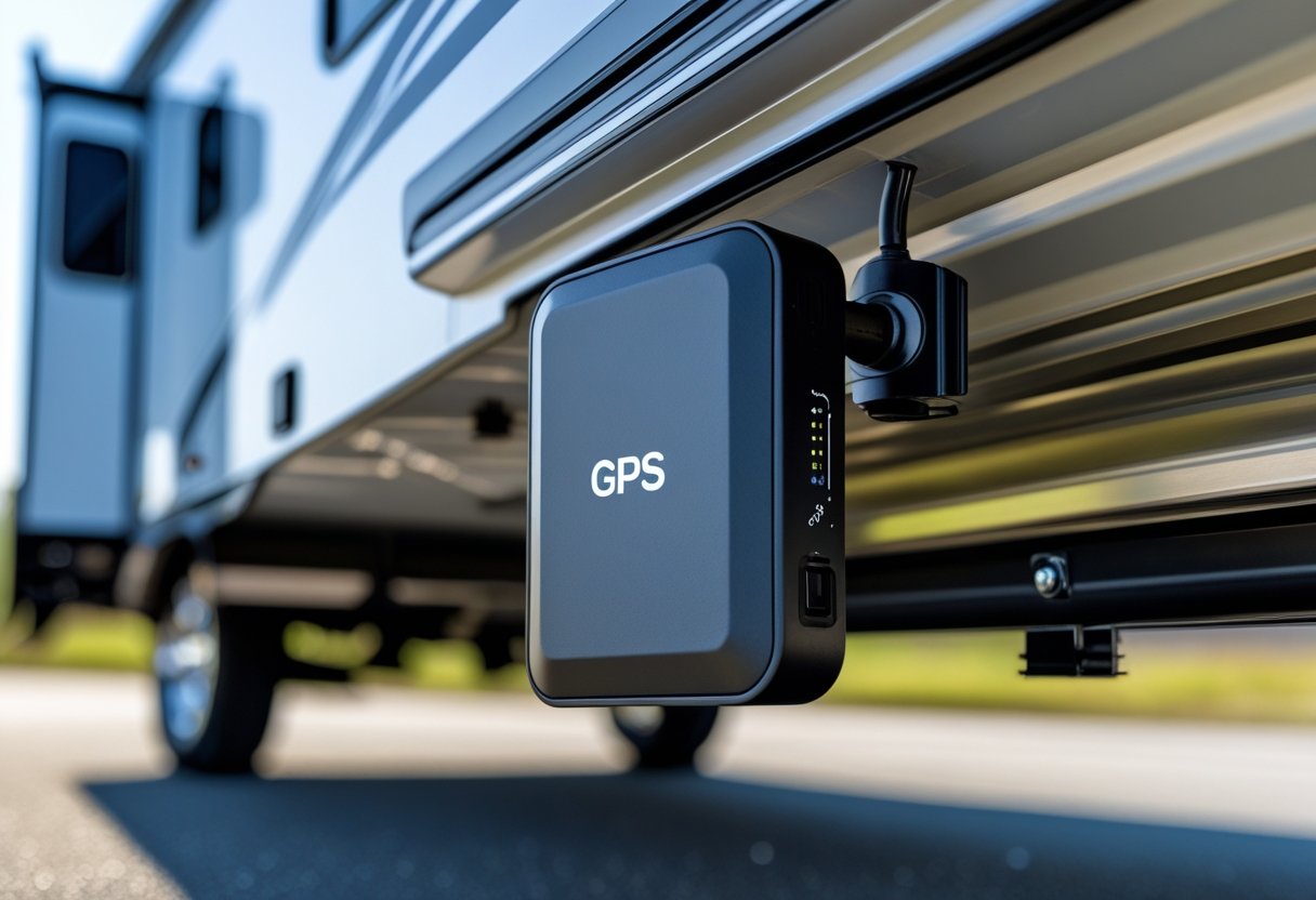GPS tracker with magnetic mount attached to the underside of an RV outdoors.
