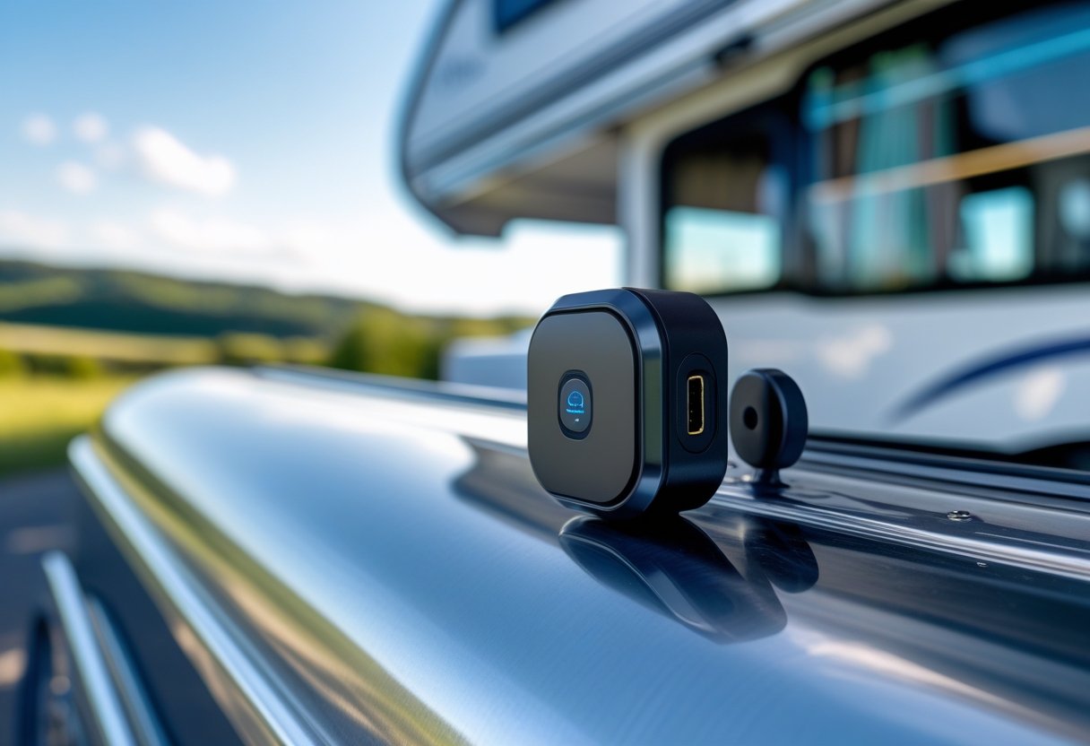 A magnetic GPS tracker attached to the side of an RV parked outdoors with greenery and clear skies in the background.