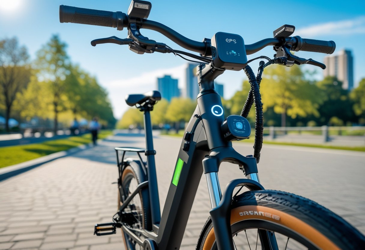 An electric bike outdoors with a small GPS tracker mounted on its frame, set against a sunny park background.