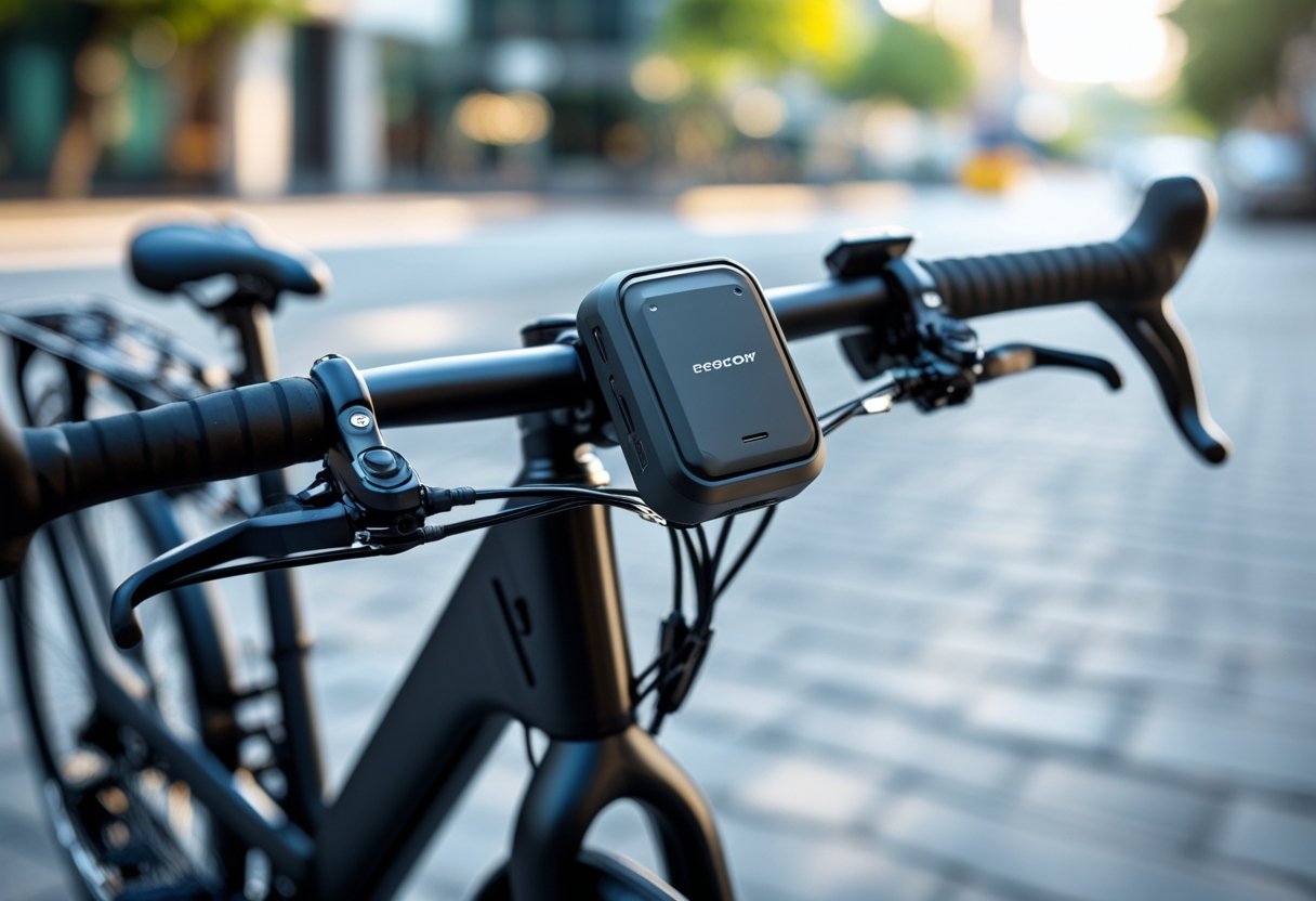 An e-bike parked outdoors with a small GPS tracker mounted on its frame near the handlebars.
