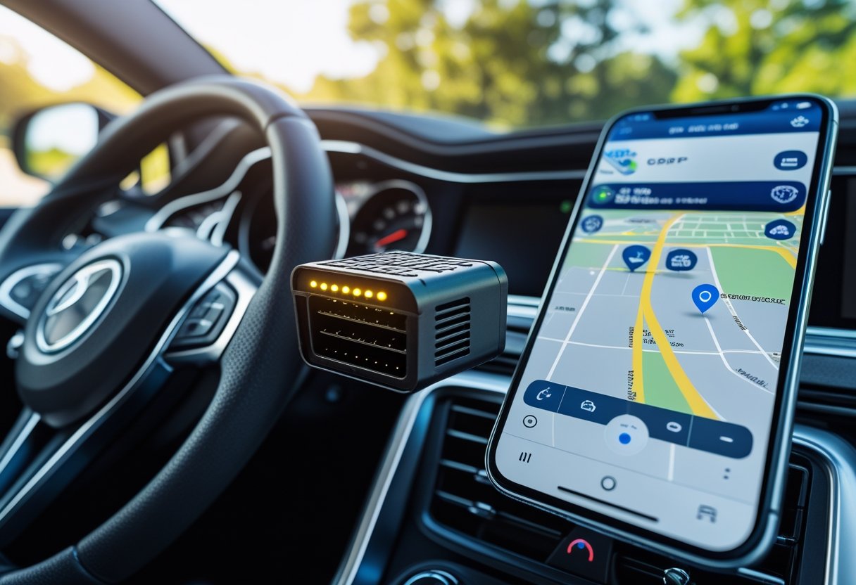 Close-up of a car dashboard showing an OBD2 GPS tracker plugged in and a smartphone displaying a GPS tracking app.