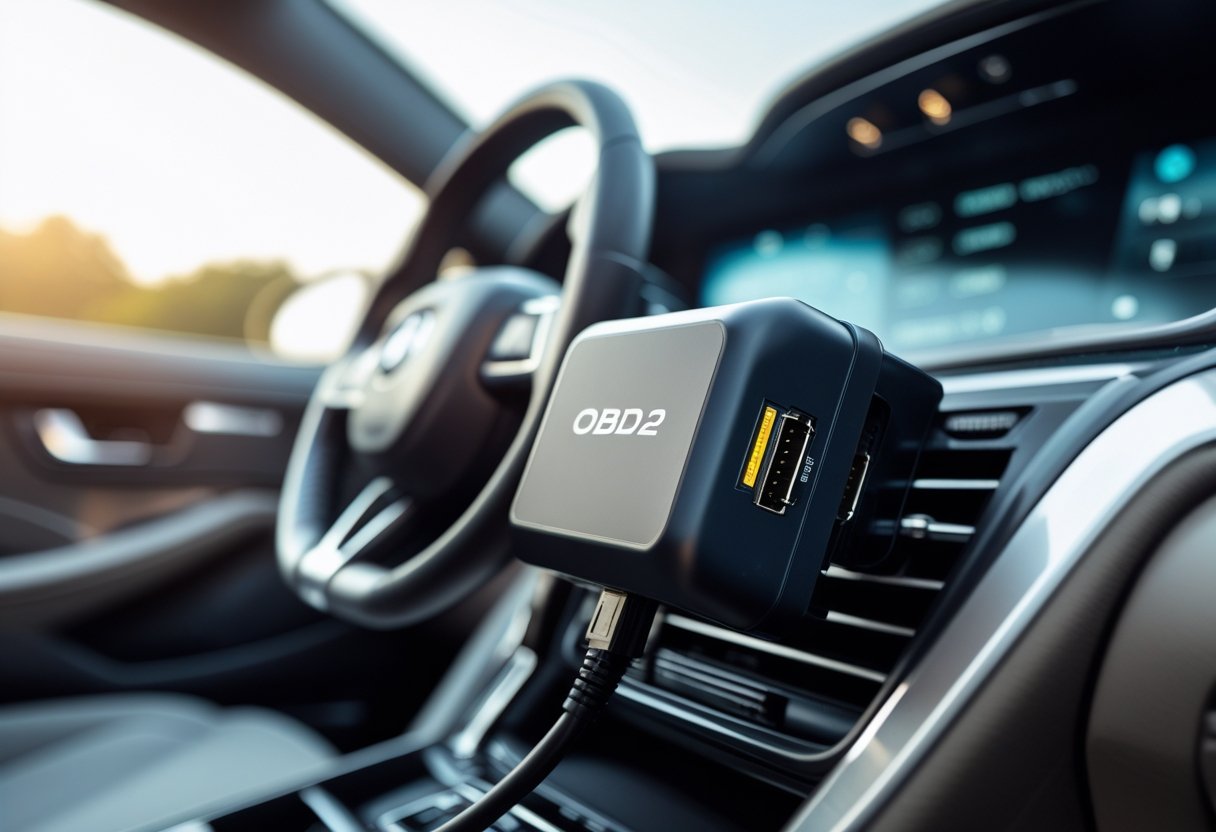 Car interior showing an OBD2 GPS tracker plugged into the diagnostic port beneath the steering wheel.