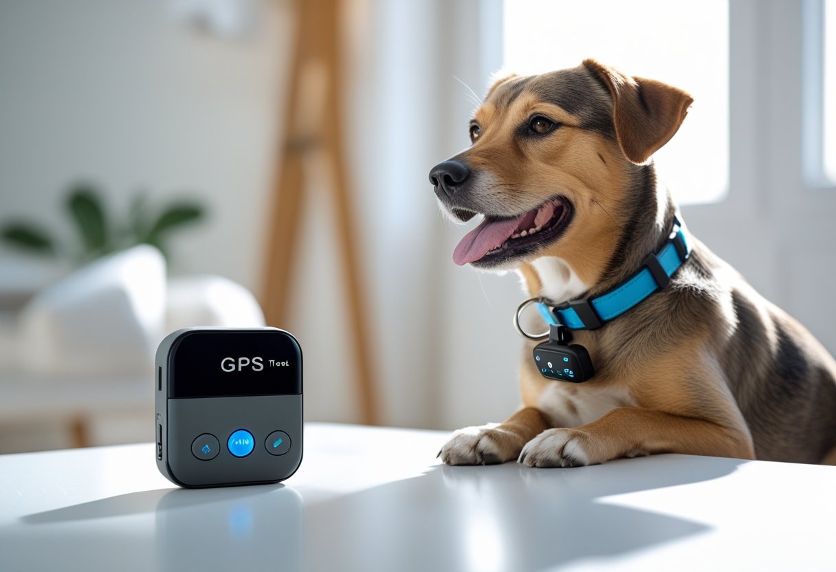 A small GPS tracker device on a white surface next to a medium-sized dog wearing a collar with the tracker attached.