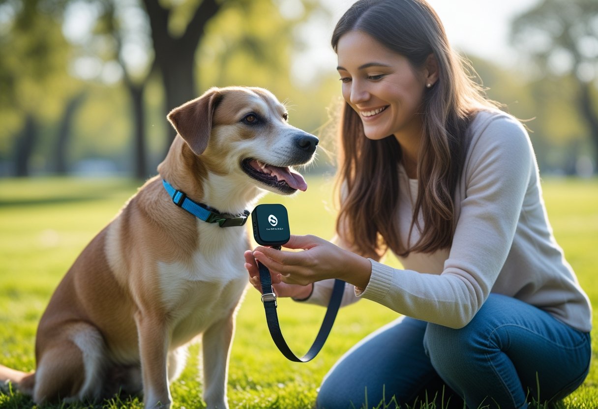 A person attaching a small GPS tracker to a dog's collar outdoors in a park.
