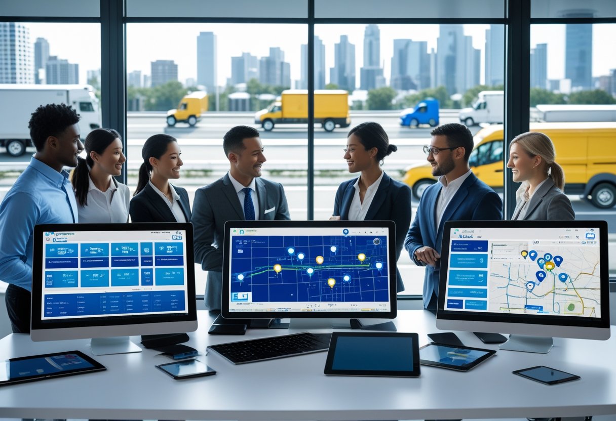 Business professionals in an office reviewing a large digital map with vehicle locations, surrounded by laptops and devices showing fleet tracking data.